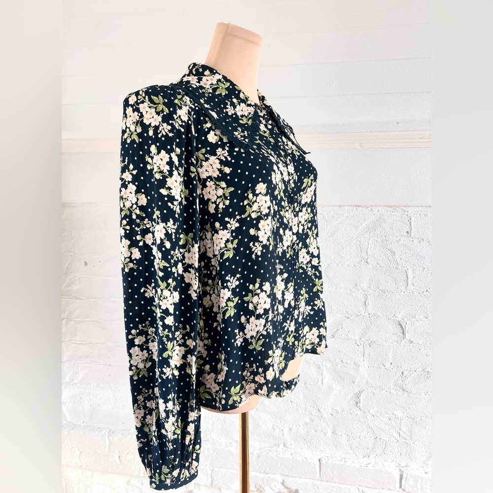 ByTiMo Anthropologie Floral And  Dot Cupro Crepe Button Blouse Dark Blue Navy M - Picture 5 of 12